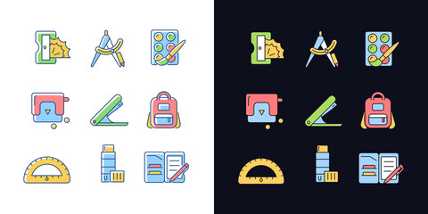 Back to school shopping light and dark theme RGB color icons set. Pencil sharpener. Drafting supplies. Isolated vector illustrations on white and black space. Simple filled line drawings pack