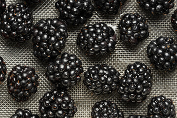 washed blackberry with water drops on a steel sieve grid. abstract food background.