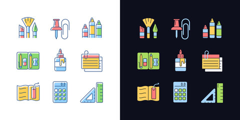 School essential equipment light and dark theme RGB color icons set. Paint brush. Office supply. Pencil pouch. Isolated vector illustrations on white and black space. Simple filled line drawings pack