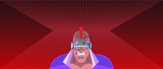 Cyberpunk anime villain character  in glowing hi-tech cybernetic visor goggles and mohawk haircut against the 1980 red perspective grid. Retro cartoon outlaw concept. Vector illustration