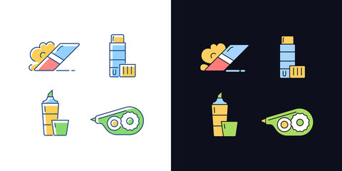 School accessories light and dark theme RGB color icons set. Eraser for artistic use. Glue stick. Highlighter. Isolated vector illustrations on white and black space. Simple filled line drawings pack