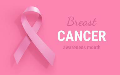 3d Template with Symbol of Breast Cancer Awareness Month Campaign on Pink Color Background and Text. Illustration of Pink Breast Cancer Awareness Realistic Ribbon with Loop