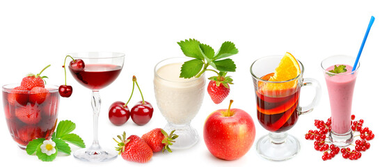 Set of drinks from currant, orange, apple and strawberry isolated on a white. Collage.