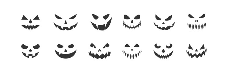 Pumpkin face silhouettes icon set. Vector Halloween flat