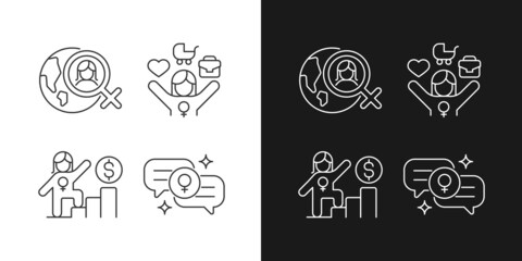 Mainstream feminism linear icons set for dark and light mode. Women rights movement across globe. Working mom. Customizable thin line symbols. Isolated vector outline illustrations. Editable stroke
