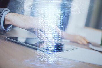 Double exposure of data theme hologram drawing and man and woman working together holding and using a mobile device.