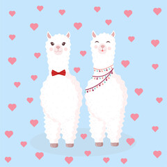 Vector illustration with a loving couple on a blue background with hearts. Suitable for baby texture, textile, fabric, poster, Valentines day card, decor. Cute alpaca from Peru.