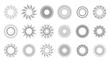 Set Abstract Collection Starburst Sunburst Sunset Black Line Doodle Design Elements Bursting Rays Sunrise Light Radiant Spark Vector Design Style