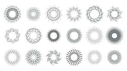 Set Abstract Collection Starburst Sunburst Sunset Black Line Doodle Design Elements Bursting Rays Sunrise Light Radiant Spark Vector Design Style