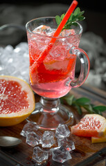 Fruit cocktail, in a glass with natural healthy fruits on a table with kitchen accessories.