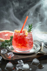 Fruit cocktail, in a glass with natural healthy fruits on a table with kitchen accessories.