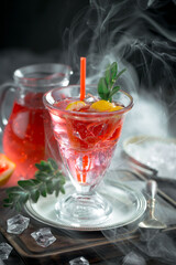 Fruit cocktail, in a glass with natural healthy fruits on a table with kitchen accessories.