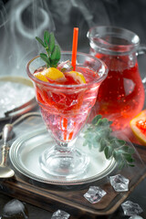 Cocktail in a glass with fruit on an old background.