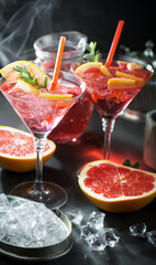 Fruit cocktail, in a glass with natural healthy fruits on a table with kitchen accessories.