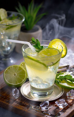 Fruit cocktail, in a glass with natural healthy fruits on a table with kitchen accessories.
