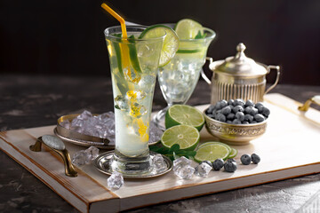 Fruit cocktail, in a glass with natural healthy fruits on a table with kitchen accessories.