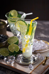 Fruit cocktail, in a glass with natural healthy fruits on a table with kitchen accessories.