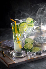 Fruit cocktail, in a glass with natural healthy fruits on a table with kitchen accessories.