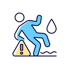 Do not use on wet surface RGB color manual label icon. Avoid injuries. Virtual reality headset precautions. Isolated vector illustration. Simple filled line drawing for product use instructions