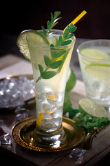 Fruit cocktail, in a glass with natural healthy fruits on a table with kitchen accessories.