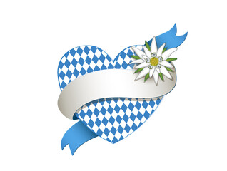 Oktoberfest Herz mit Rautenmuster, Edelweiss und Banderole,
Vektor Illustration isoliert auf weißem Hintergrund
