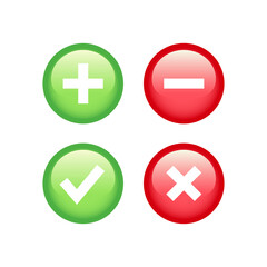 Fototapeta premium Check, tick, plus and minus sign button. Red and green checkmark and cross glossy icon set.