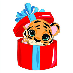 Cute cartoon tiger on a white background. Symbol of 2022 on the Chinese calendar. Cute little tiger in christmas costume