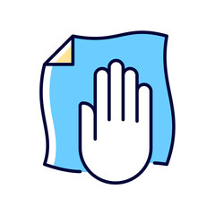 Wipe with a dry cloth RGB color manual label icon. Clean vr equipment with non alcohol wipes. Vr headset hygiene. Isolated vector illustration. Simple filled line drawing for product use instructions