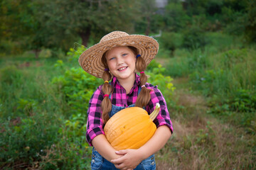 Child girl picking pumpkins at garden. Cute little child dressed like a farmer. Thanksgiving holiday season and Halloween. Family autumn background.