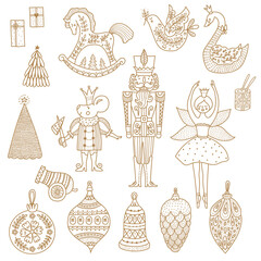 Gold Christmas set the Nutcracker. Magic vector illustration.