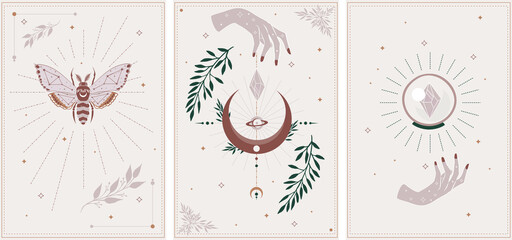 Cosmic wall art esoteric set. Set of alchemy mystical magic celestial talisman with woman hands, sun, moon, stars sacred geometry isolated.  © Любовь Овсянникова