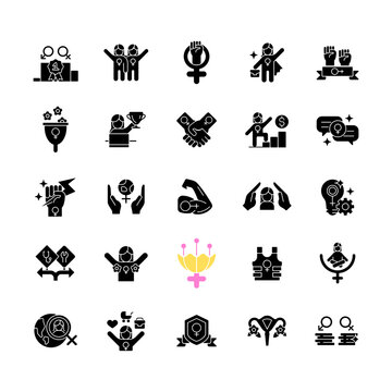 Feminism symbols black glyph icons set on white space. Supporting equal rights for women. Pride in sisterhood. Girl power. Freedom of choice. Silhouette symbols. Vector isolated illustration