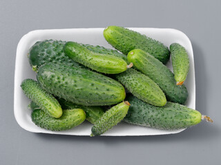 agricultural products green prickly cucumber on gray background