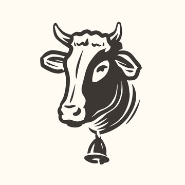 Cow head portrait logo. Dairy farm, fresh milk, beef symbol. Farm animal vector illustration