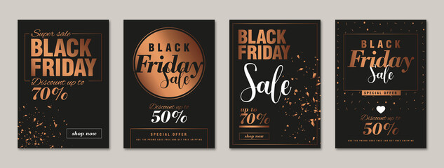 Black Friday Sale elegant set of luxury posters. Gold and black design with white elements 