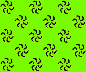 The silhouette of bats is assembled into a round flower. Seamless autumn pattern on a green background for Halloween. Gift wrapping paper for Halloween. Halloween textiles.