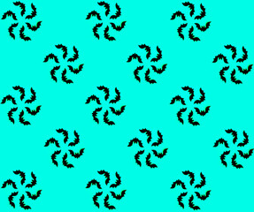 The silhouette of bats is assembled into a round flower. Seamless autumn pattern on a blue background for Halloween. Gift wrapping paper for Halloween. Halloween textiles.