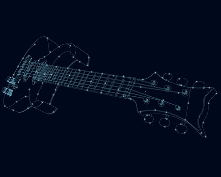 The contour of a guitar made of blue lines on a dark background with glowing lights. Vector illustration