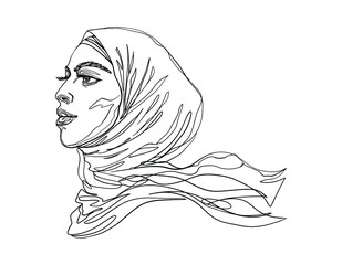 Hand drawn arabian woman in headscarf, side view. Beautiful fashion portrait. Sketching illustration. - 455486538