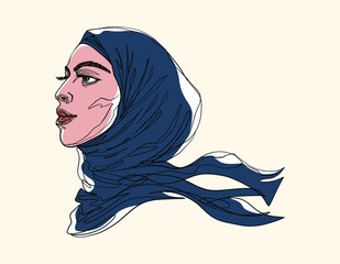 Hand drawn arabian woman in dark blue headscarf, side view. Beautiful fashion portrait. Sketching illustration. - 455486544