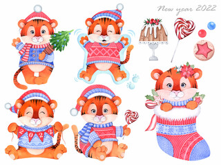 Cartoon tigers on a white background. Symbol of 2022. New Year's set for postcards. Watercolor illustration.