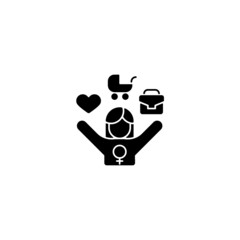 Work-life balance for female employee black glyph icon. Full-time working mom. Balancing job and family life. Double standard. Silhouette symbol on white space. Vector isolated illustration