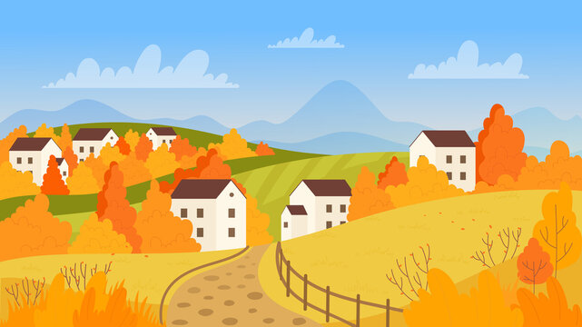 Autumn village in sunny day, road to farm houses vector illustration. Cartoon mountain panorama scenery with farmland field, trees and buildings, autumn season in countryside rural lands background