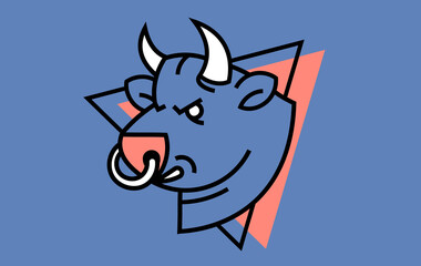 Vector Logotype of Black Line Bull Head on Color Background. Line Art Flat Style Design of Logo of Angry Animal Bull with Ring