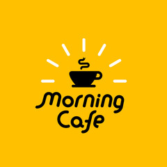 Vector Logo Morning Cafe with Coffee Cup. Line Art Style Design of Creative Logotype