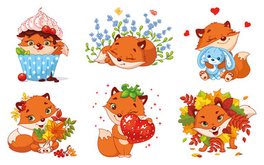 Obraz premium Little fox set. Cartoon vector illustration