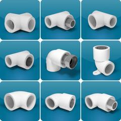 plastic and metal fittings, pipes and valves - plumbing parts and spare parts on a blue background