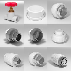 plastic and metal fittings, pipes and valves - plumbing parts and spare parts on a white background