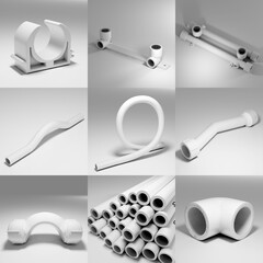 plastic and metal fittings, pipes and valves - plumbing parts and spare parts on a white background