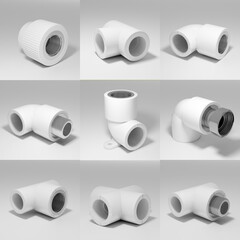 plastic and metal fittings, pipes and valves - plumbing parts and spare parts on a white background